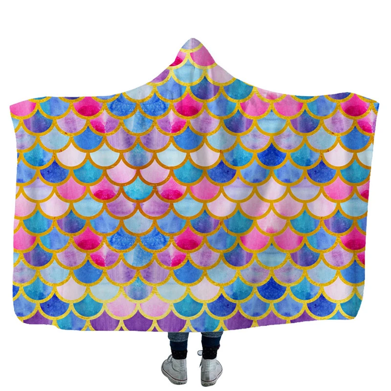Новая модная Русалка рыбья чешуя конверт с капюшоном зима очень теплый мягкий геометрический диван-кровать плюшевое Флисовое одеяло с капюшоном