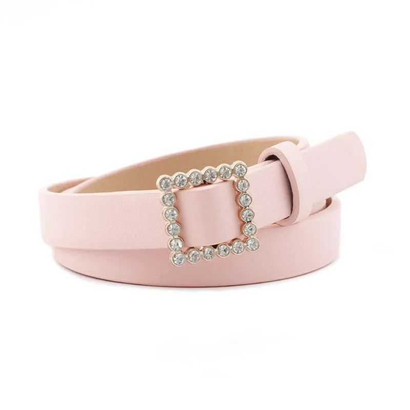 pink Кожаный ремень для женщин, модный Одноцветный ремень, сплав, квадратная гладкая Пряжка, инкрустированные стразы, украшение, милый стильный ремень для женщин - Цвет: pink