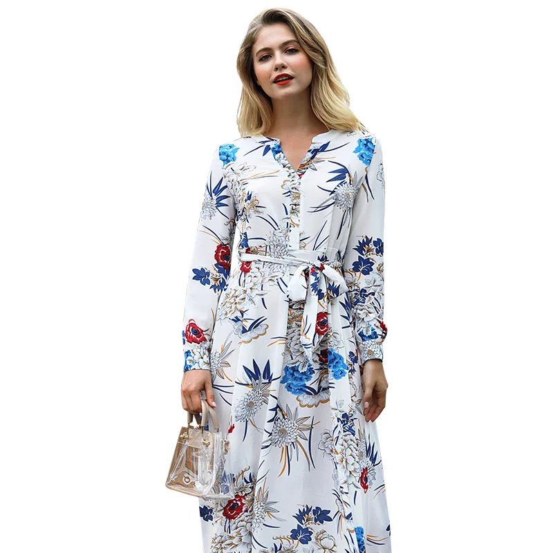 Женское платье весна-осень 2018 Новые длинные платья с длинными рукавами принтом
