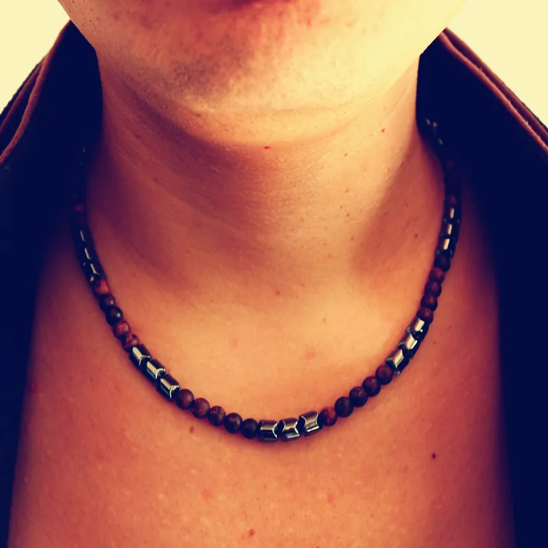 New Design fashion Black Men's Hematite & brown Stone Beads Necklace Fashion Jewelry
