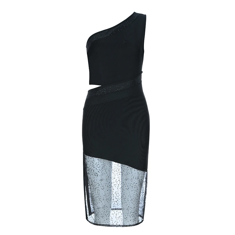 Black One Shoulder Bodycon Boutique Bandage Dress Women Party Vestidos Summer Elegant Mesh Patchwork Cut Out Casual Dresses | Женская