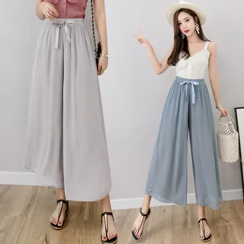 

2019 Summer New High Waist Pants Korean Version Of The Nine Points Casual Gentle Wind Drop Chiffon Wide Leg Pants For Women