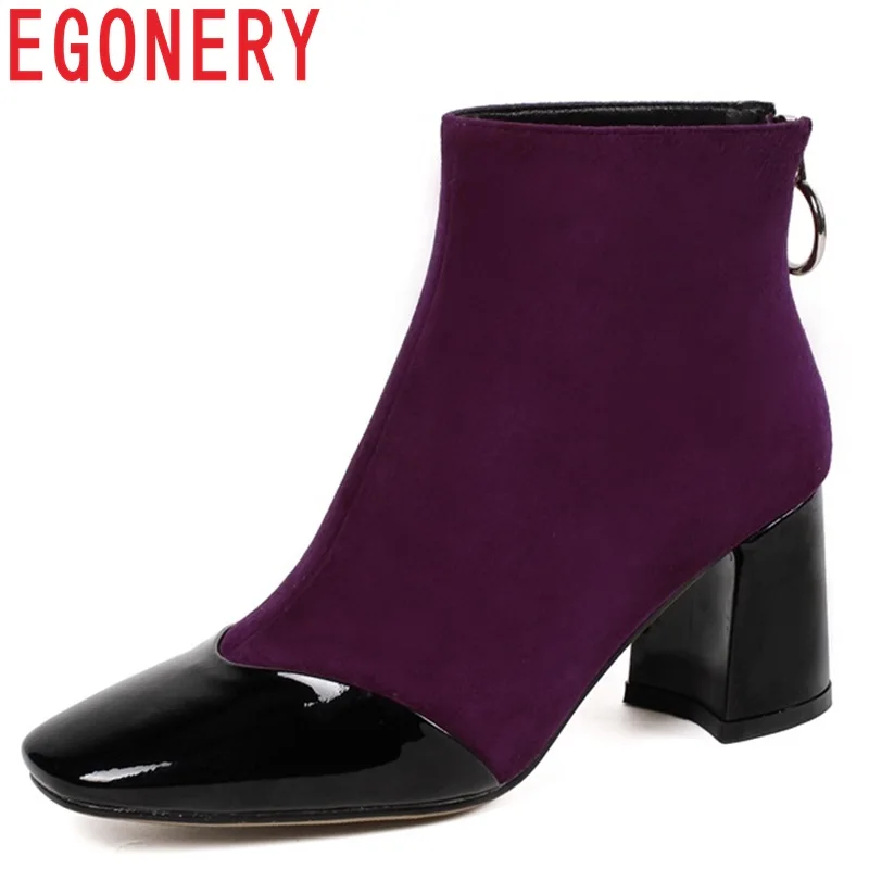 

EGONERY newest fashion sexy cow suede and patent leather ankle boots high hoof heels square toe zipper three colors women shoes