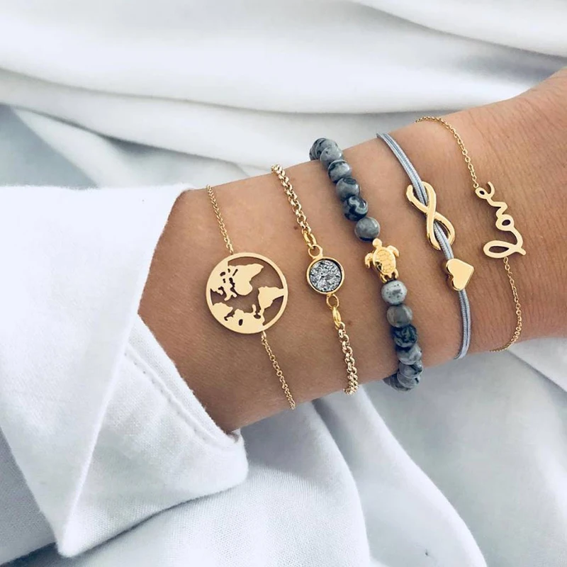 

Crystal Gold Bracelets For Women Fashion Charm Bracelet Set Beads Chain Heart Letter Turtle Jewelry Gifts Jewellery Accessories