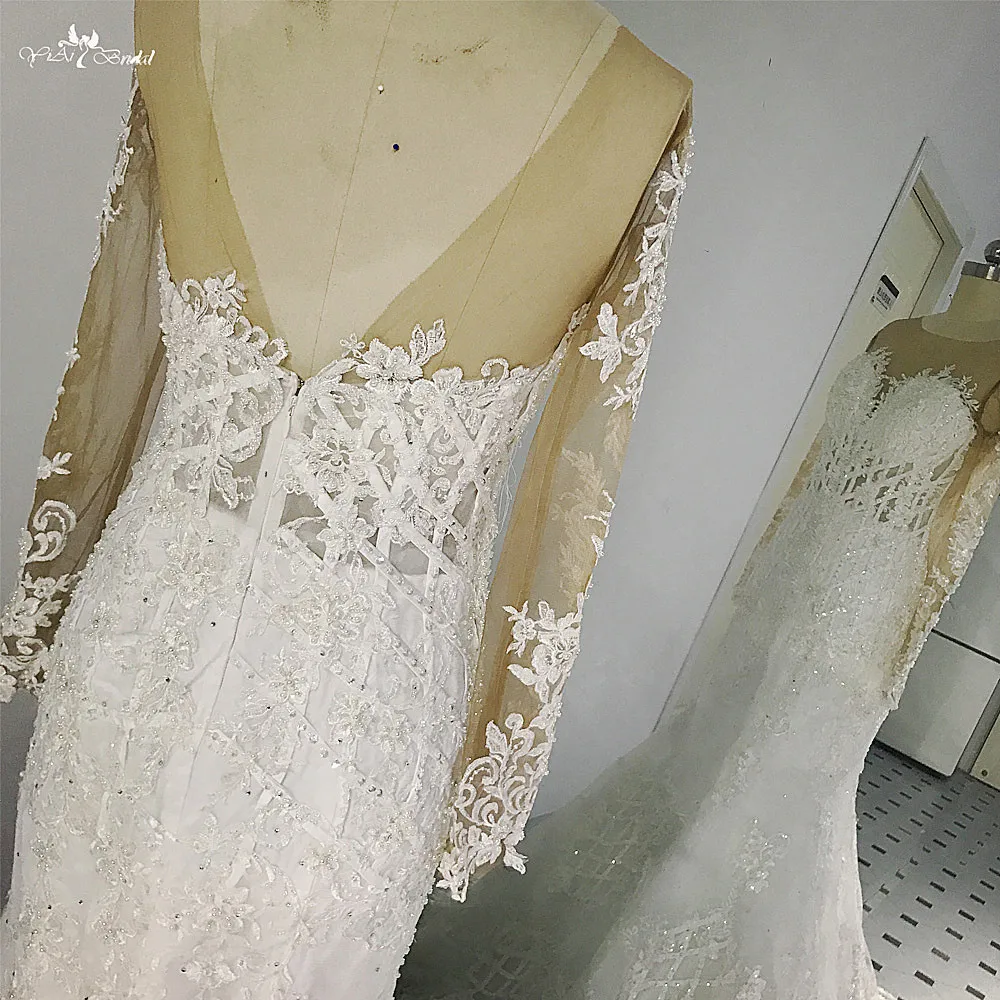 RSW525 Sexy Long Sleeves Ribbon Lattice Lace Beading Wedding Dress 2018 New See Through Back Mermaid Robe De Mariage Custom Made (5)