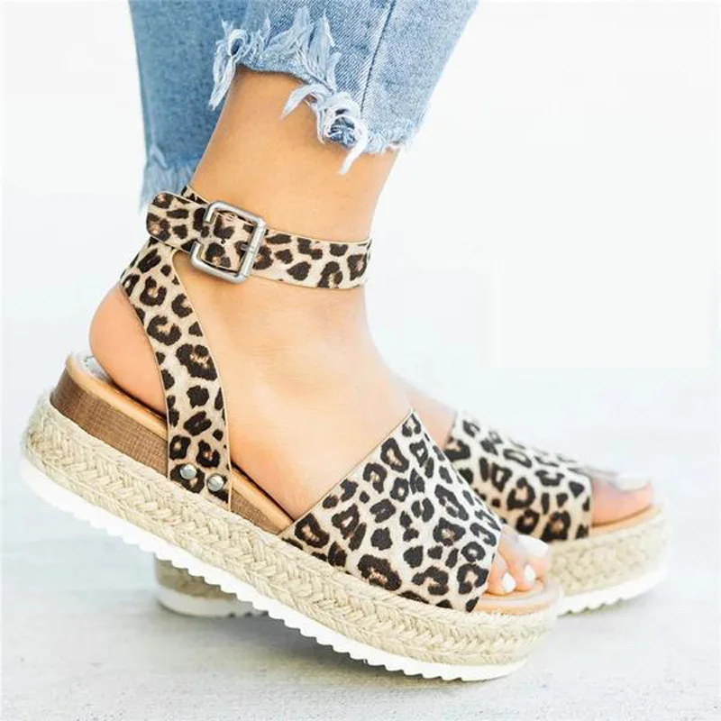 

Tangnest New Leopard Gladiator Women Flat Sandals Platform Ankle Strap Wedges Peep Toe Hemp Creepers Plus Size 35-43 XWZ5836