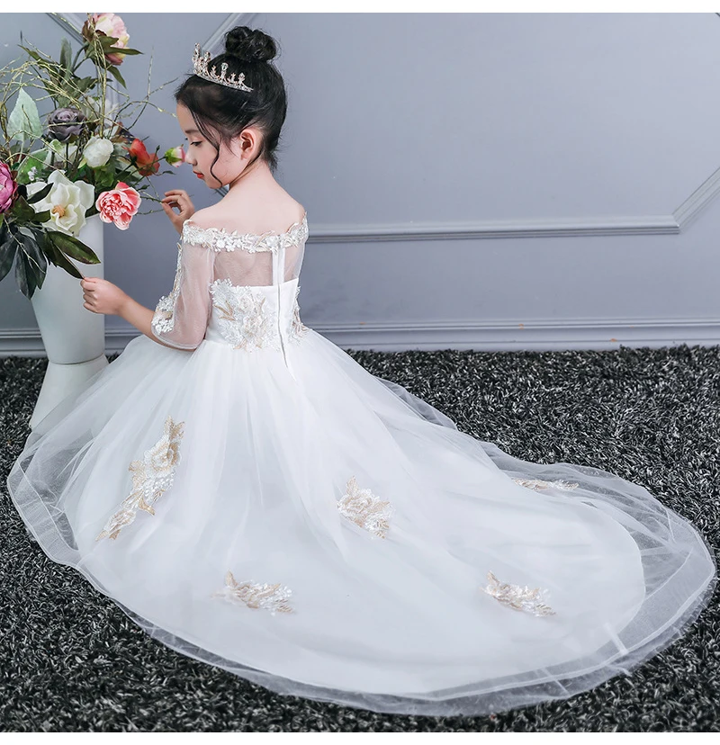 

2019 Pageant Girls Dresses for Party and Wedding 8 9 10 to 12 Years Flower Embroidery Kids Tail Dress Toddler Summer Dress B3A1A