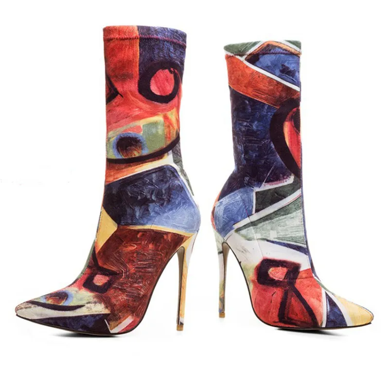 Hauts Bottes Piste Nouvelle Bout Parti over Pointu Chaussures The Femmes 2018 Stretch Mujer Knee Ankle Chaussette Peintures Talons Graffiti Sexy Cheville Zapatos Femme Yb7f6gvy