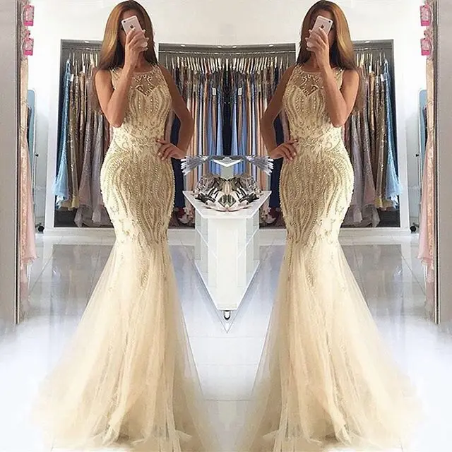 

New Style 2019 Prom Dresses O-Neck Sleeveless Floor Length Beading Tulle Evening Dresses Vestido de festa