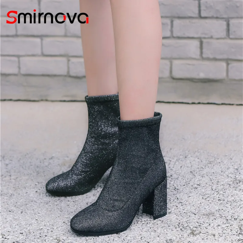 

Smirnova 2018 new arrival popular thick heels flock ladies boots autumn round toe ankle boots high heels woman brand boots