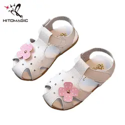 Hitomagic для девочек летние сандалии дети плоские Каблучки лодыжки-wrap цветы мягкие кожаные сандалии Обувь для девочек кожаная обувь