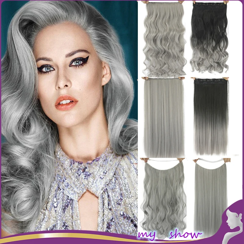24" 60cm Grey Curly Wavy Hair Extention 3/4 Full Head Clip in Hair