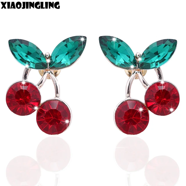 XIAOJINGLING Fashion Round Pretty Cherry Earring Red Diamante