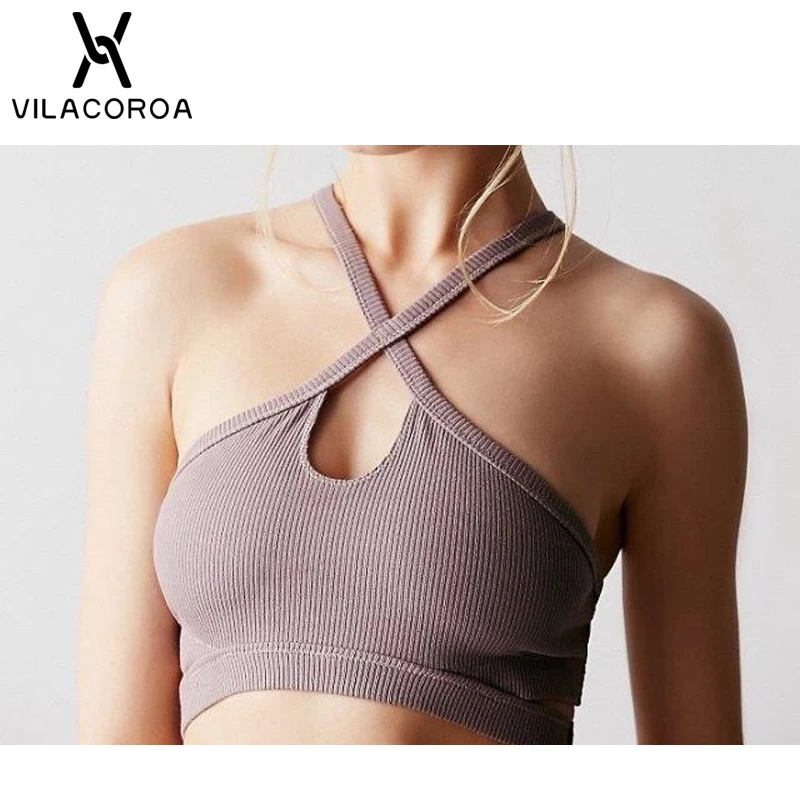 

Solid Cross Spaghetti Straps Corp Top Women Backless Bandage Fitness Padded Bra Tank Tops Elasticity Vest Crop Top Female