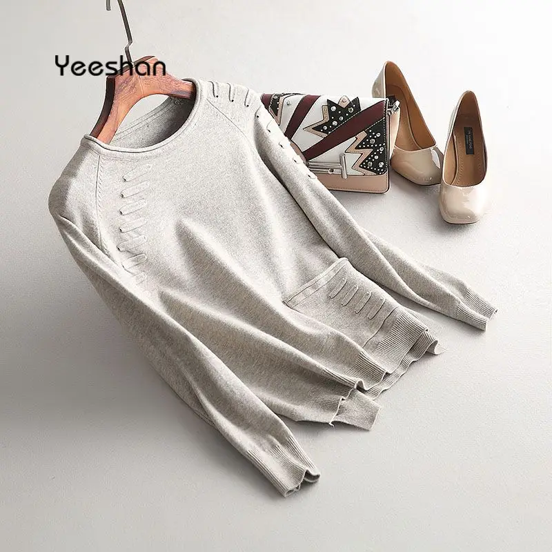 Yeeshan зимний свитер женский 2017 круглый вырез черный белый верблюжий элегантный