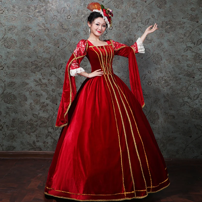 Вечерние платья Rococo Baroque Marie Antoinette с красным квадратным воротником и длинным
