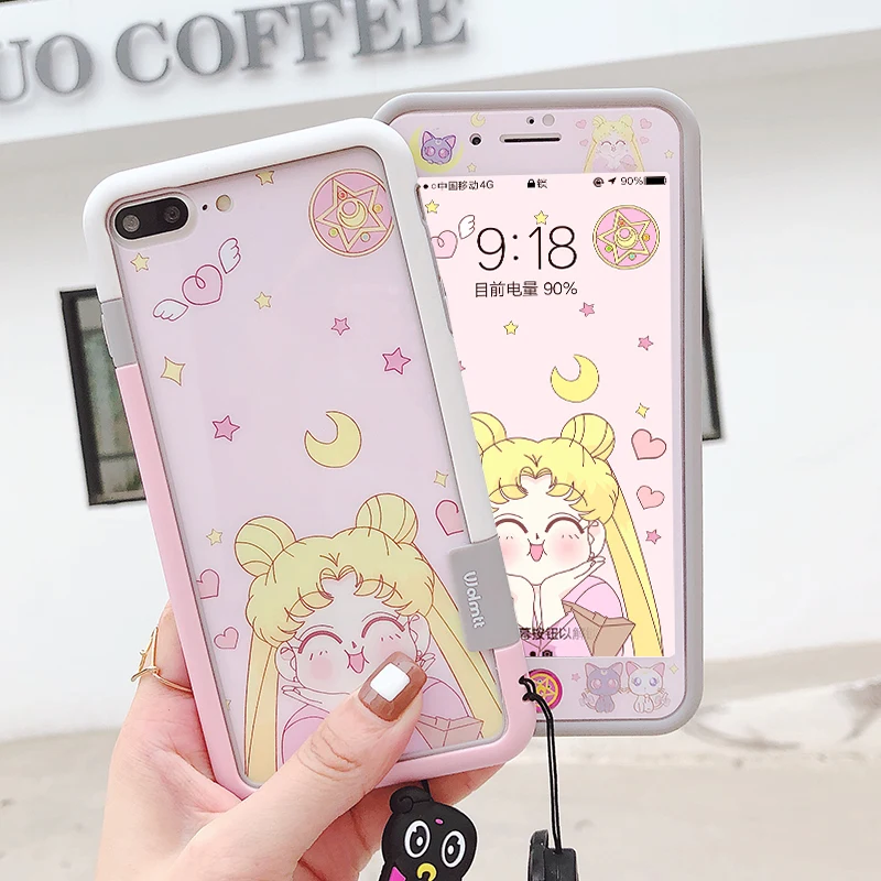 Goedkoop Voor iPhone 8 7 bling sailor moon back en front Gehard Glas Screen film shockproof bumper, voor iPhone X 6 6 s plus + kat riem