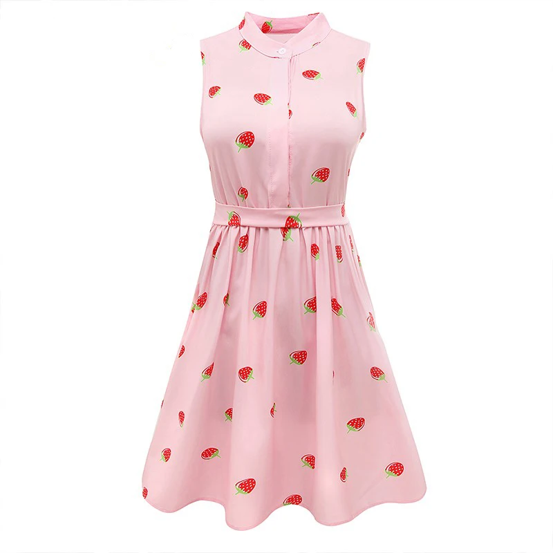 Buy Summer Women Strawberry Print Vintage Dresses High