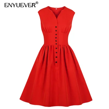 

Enyuever Red Dresses For Woman Sleeveless High Waist Swing Robe Vintage Button Vestidos Casual Dress Plus Size Summer Streetwear