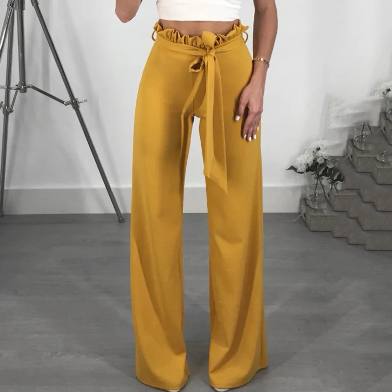Women Solid Ruffles Bow Tied Casual Wide Leg Pant High Waist Flare