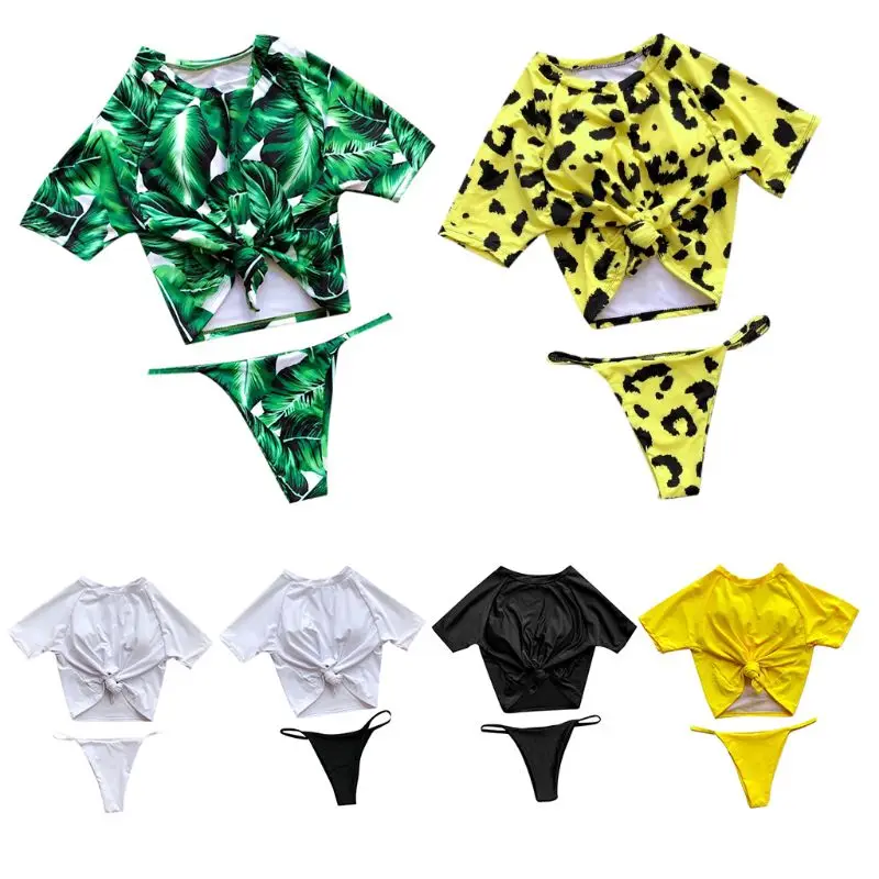 

New 1 Set Women Swimsuit Bikini Sexy Short Sleeve Tops Panties Two Piece Suit Fashion Knotted Swimwear Lady Bathers Summer Beach