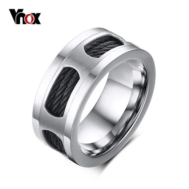 Vnox 10mm Stainless Steel Men's Cable Wire Inlaid Ring High Quality Party Male J Vnox 10mm Stainless Steel Men's Cable Wire Inlaid Ring High Quality Party Male J