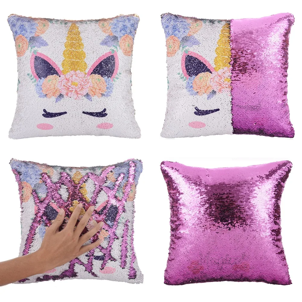 Super Shining Magical Unicorn Mermaid Cushion Cover With Sequins