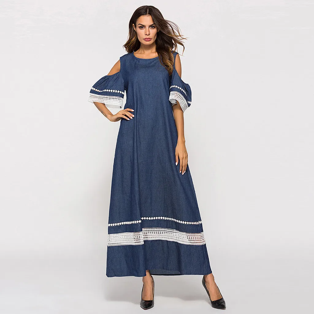 

Hot Sale Women High Waist Plus Szie Muslim Splice LongSleeve Dress Islam Jilbab Dress Patchwork Long Dress C30416