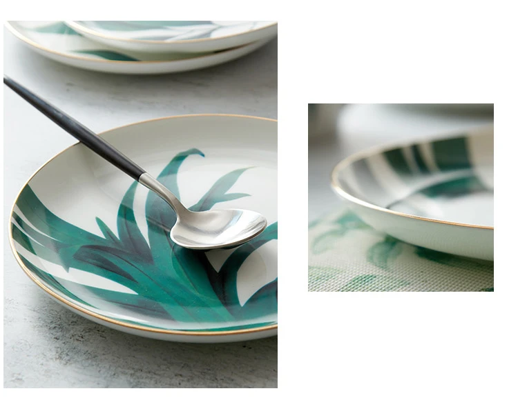 1 шт., дизайн с зелеными листьями, обеденная тарелка в Европейском стиле, керамическая посуда, посуда для пасты, тарелка из костяного фарфора, 8 дюймов