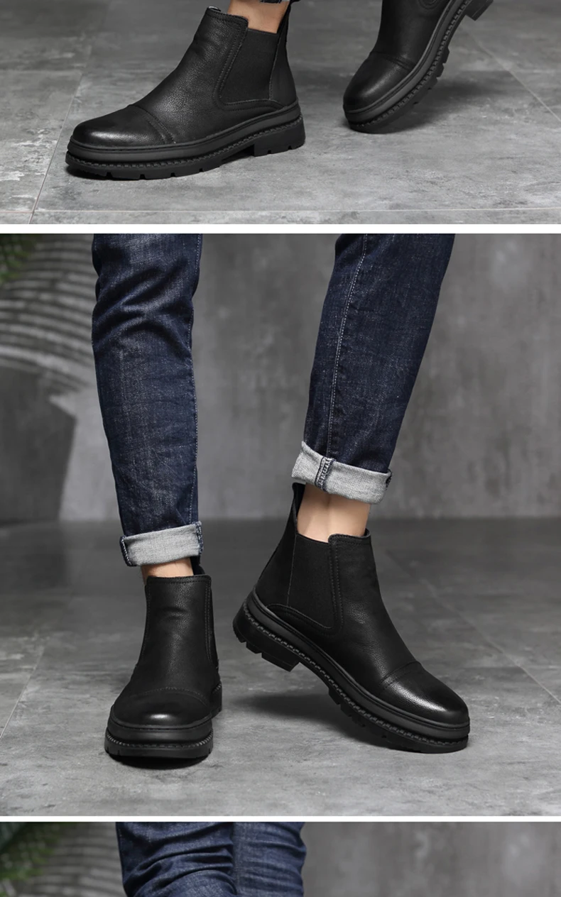 Plus Size 38-47 Chelsea Boots Men Winter Shoes Black Genuine Leather Thick sole Mens Footwear Warm Plush nonslip snow boots