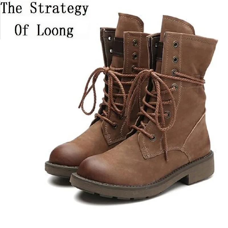 

Women Tide Autumn Winter Europe United Genuine leather Mid-Calf Lace-up Riding Equestrian Low Hoof Heels Boots 20180909