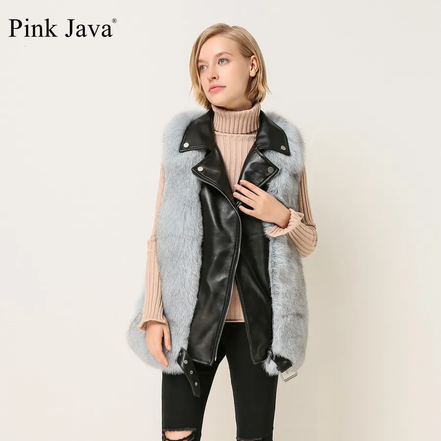 

Pink Java QC1863 new arrival women winter real fox fur vest genuine leather gilet whole pelt fox fur coat fluffy dress