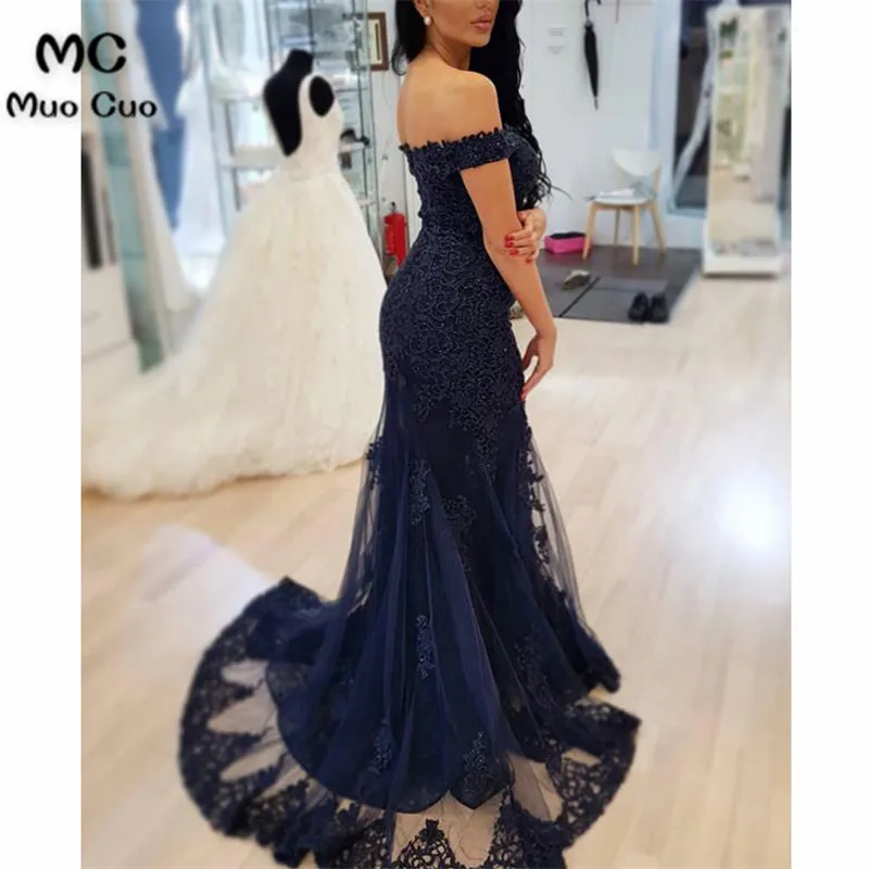 Navy Blue Lace V-neck Off The Shoulder Mermaid Prom Dresses32