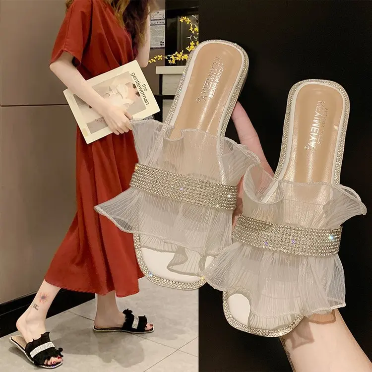 

Women Slippers Flat shoes Summer Beach Slip On Slides Flip Flops Sandals Ladies Fashion Slipper Female Diamond Bright Party