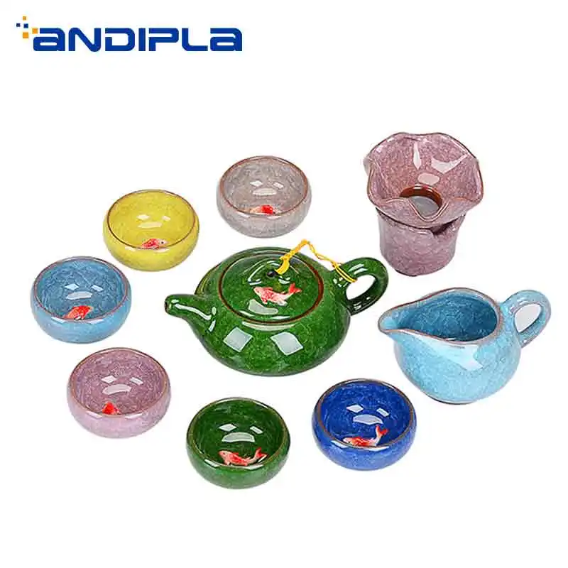 

9PCS/Lot Creative Ice Crackle Glaze Ceramic Tea Set Embossed Fish Tea Cups Teapot Fair Cup Filter Kit Drinkware Sent Friend Gift