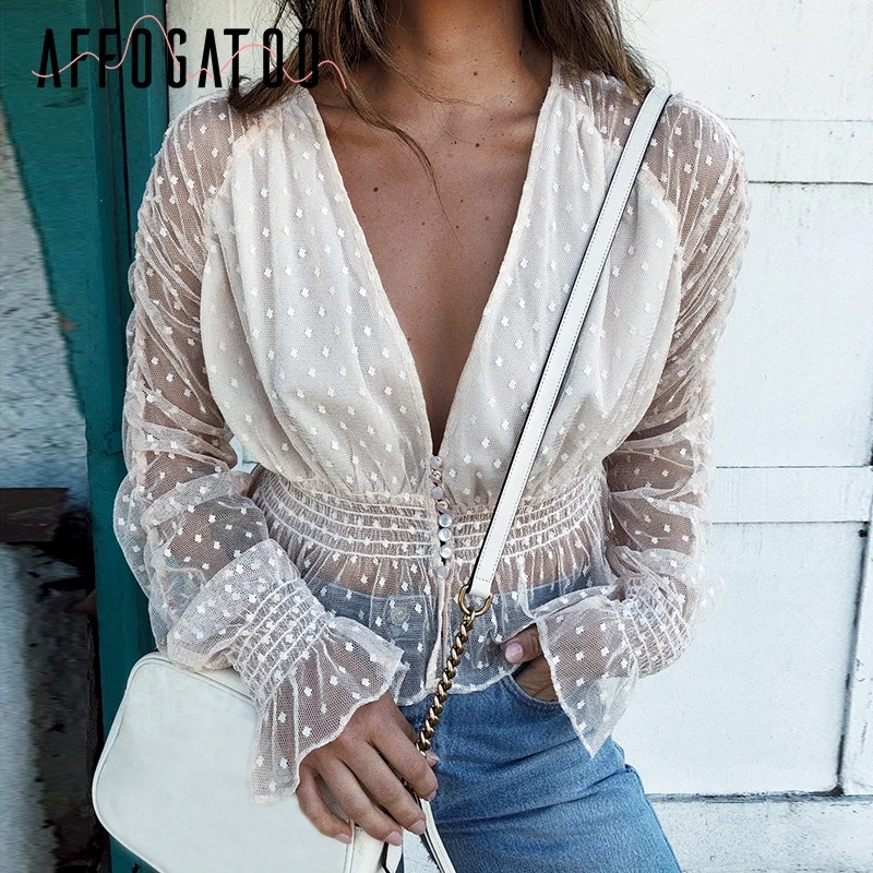 

Affogatoo Casual sexy v-neck mesh lace white blouse shirt women Elegant long sleeve summer blouse ladies Holiday transparent top
