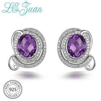 

L&zuan 925 Sterling Silver Jewelry Stud Earrings Natrual 5.08ct Amethyst Purple Gemstone Earrings For Women Christmas Gifts