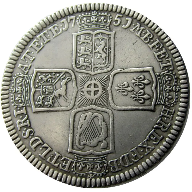

GT BRIT. George II 1751 AR Crown Copy Coin Silver Plated