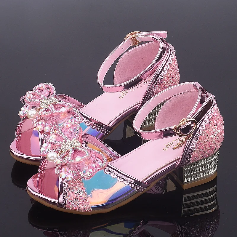 Сандалии с кристаллами для девочек; модельные туфли принцессы на высоком каблуке с блестками и бантом; детская обувь для вечеринки и свадьбы; праздничные сандалии для подростков - Цвет: Розовый