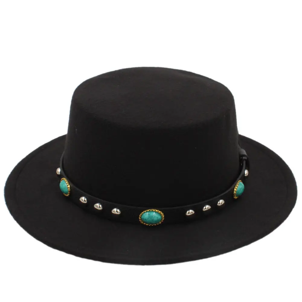 Mistdawn новые модные женские и мужские шерсть шляпа канотье широкими полями шапка Бирюзовая заклепки, кожаные пояса размер 56- 58 см - Цвет: black