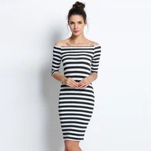 

2015 Women Summer Dress Lady Sexy Half Sleeve Off Shoulder Stripe Stretch Bodycon Party Dresses Cotton Blends S-XL 30