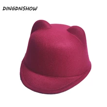 [DINGDNSHOW] г. Модные фетровые шляпы, Зимняя Детская шерстяная шапка с милыми ушками, теплая шляпа Боулер Дерби, шапка для мальчиков и девочек