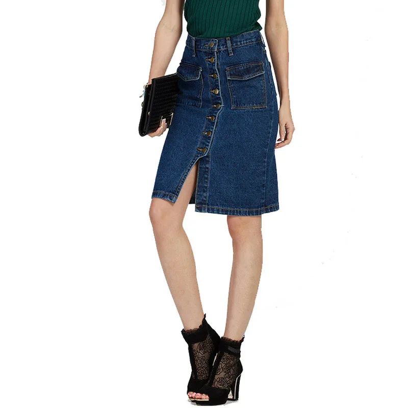 Spring Summer Women Sexy Split High Waist Single Breasted Pocket Skirt Dashing Streetwear Denim Jeans Female 5XL Plus Skirts