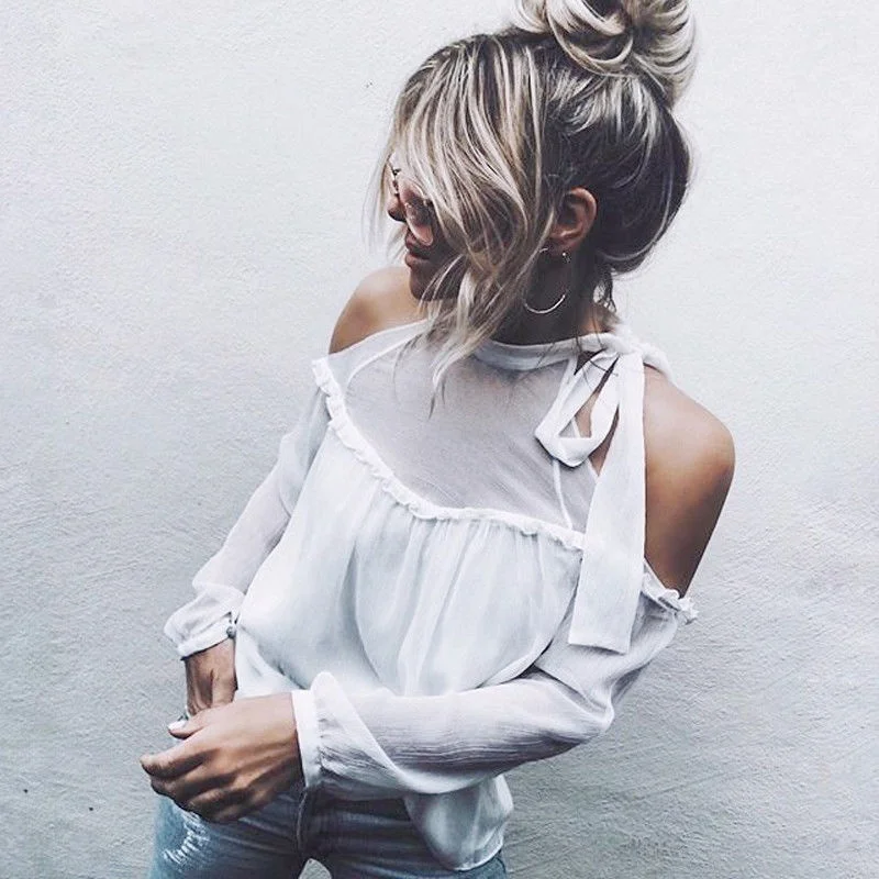 

Classics Comfort Elegance Fashion Woman Loose Casual Fall Sleeve Chiffon Shirt Off Shoulder Blouse Ladies Tops