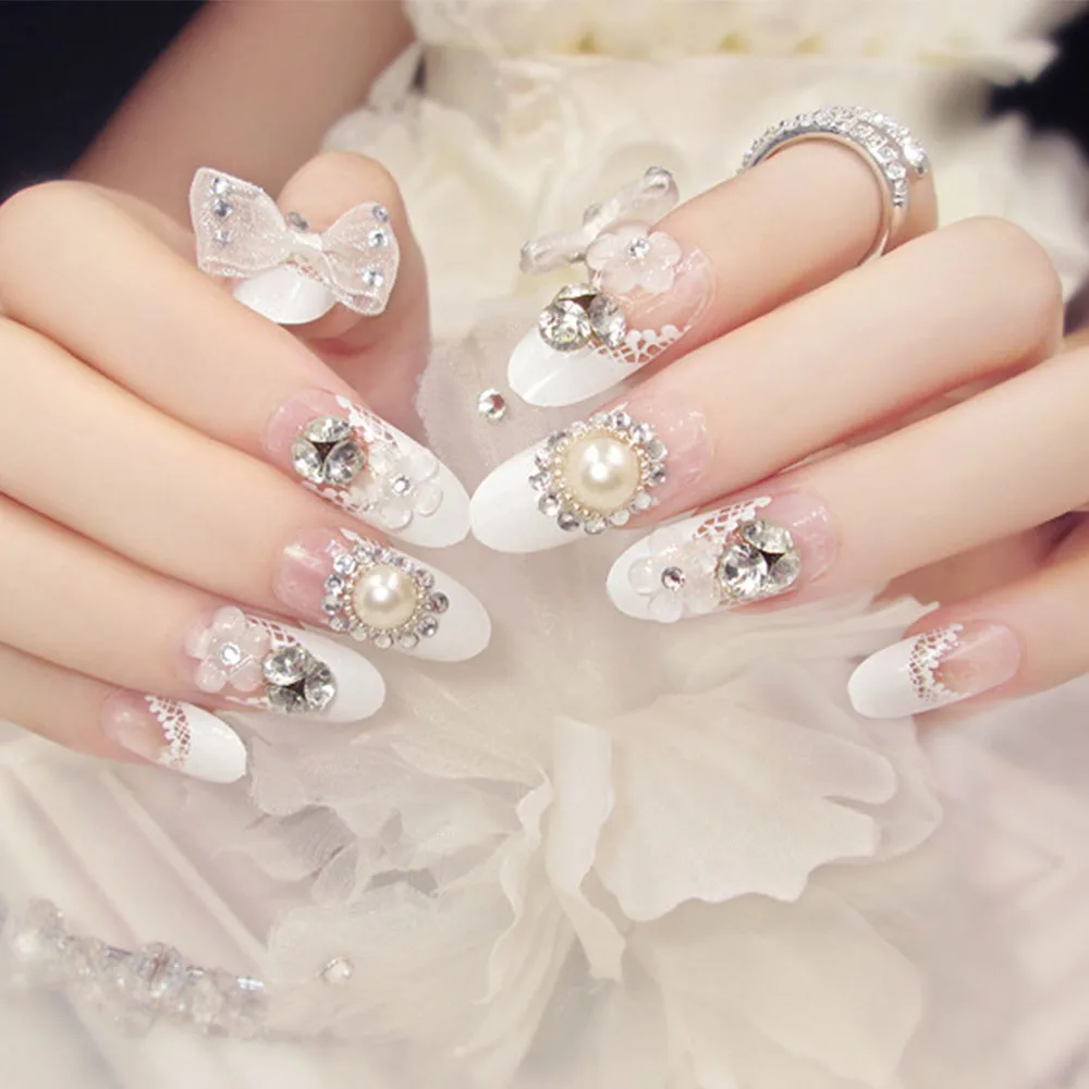 24pcs/Set Wedding Bride Nail Art Design Rhinestone Bowknot Decoration Fingernail Plastic False