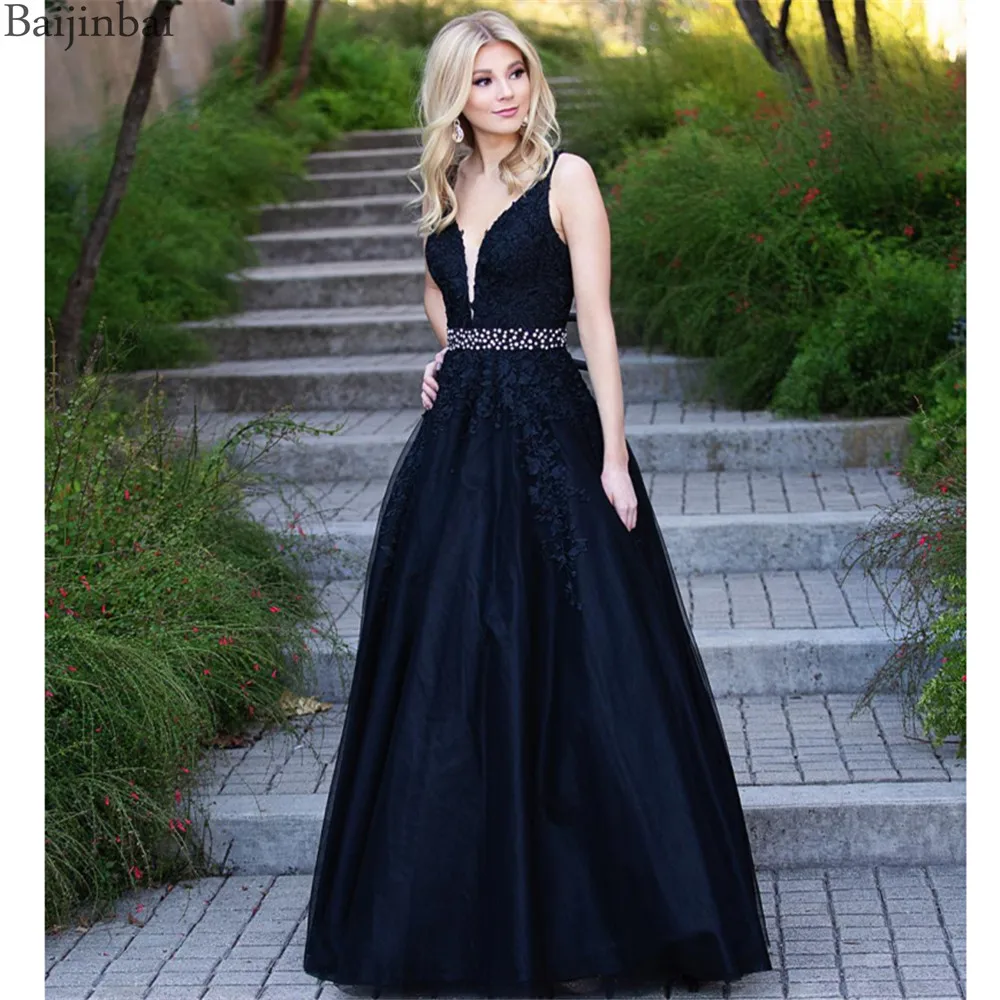 

Baijinbai Floral Embroidered Lace Prom Dresses Sheer Mesh V Neck Evening Gowns for Party Formal A Line Long Dress With Belt