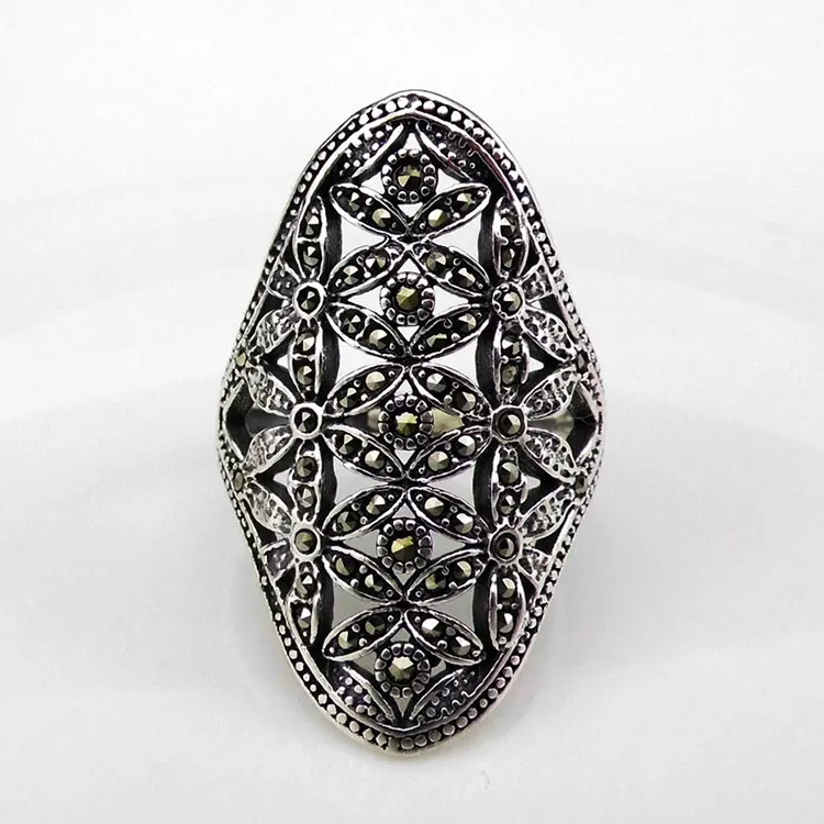 FNJ 925 Серебряное массивное цветочное кольцо марказит Новая мода оригинальные кольца из стерлингового серебра S925 пробы для женщин ювелирные изделия регулируемый размер