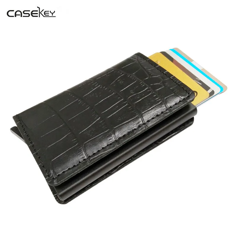 

CaseKey Antitheft Mini Wallet Crocodile Leather Wallets Slim Business Men Wallet With Automatic Aluminium Credit Card Holder