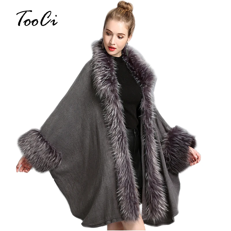 

Fake Fur Coat Autumn And Winter Lady Loose Gray Knitted Shawl Cardigan Fashion Fake Fur Women Bat Sleeve Poncho And Cape Coat