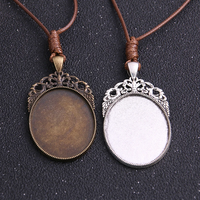 

1pcs Zinc Alloy Two Color 30*40mm Oval Cabochon Settings Blank Cameo Pendant Base Tray With Leather Cord For Jewelry Making